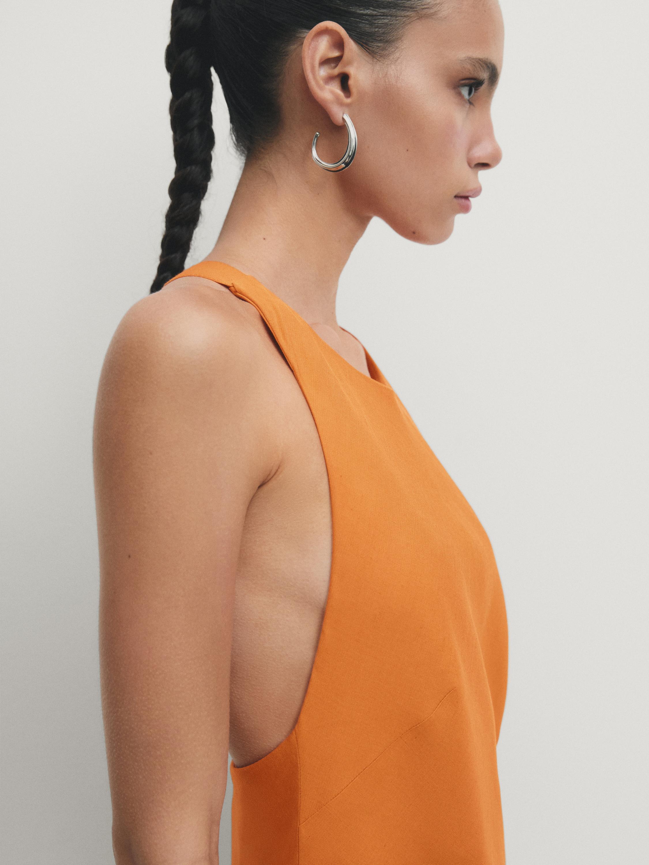 Linen blend midi dress with twisted back detail - Orange | ZARA ...