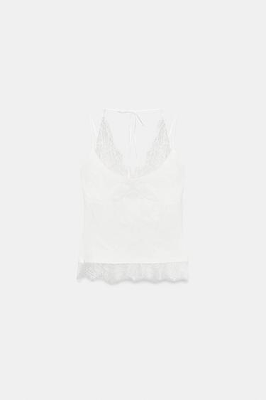 Zara CONTRAST LACE HALTER TOP - White