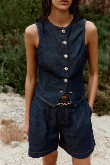 Z1975 DENIM WAISTCOAT WITH GOLD BUTTON - Blue by Zara - Image 1