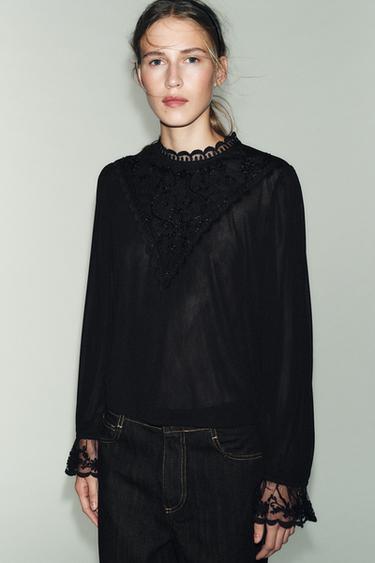 Zara EMBROIDERED LONG SLEEVE TOP - Black