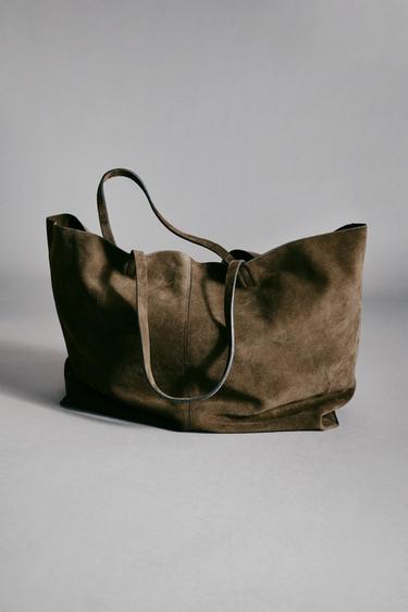 BOLSO PIEL SERRAJE MAXI SHOPPER - Verde Caqui de Zara