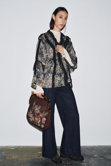 FLORAL JACQUARD FRINGED KIMONO - Black by Zara