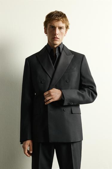 Zara DOUBLE-BREASTED TUXEDO BLAZER - Black