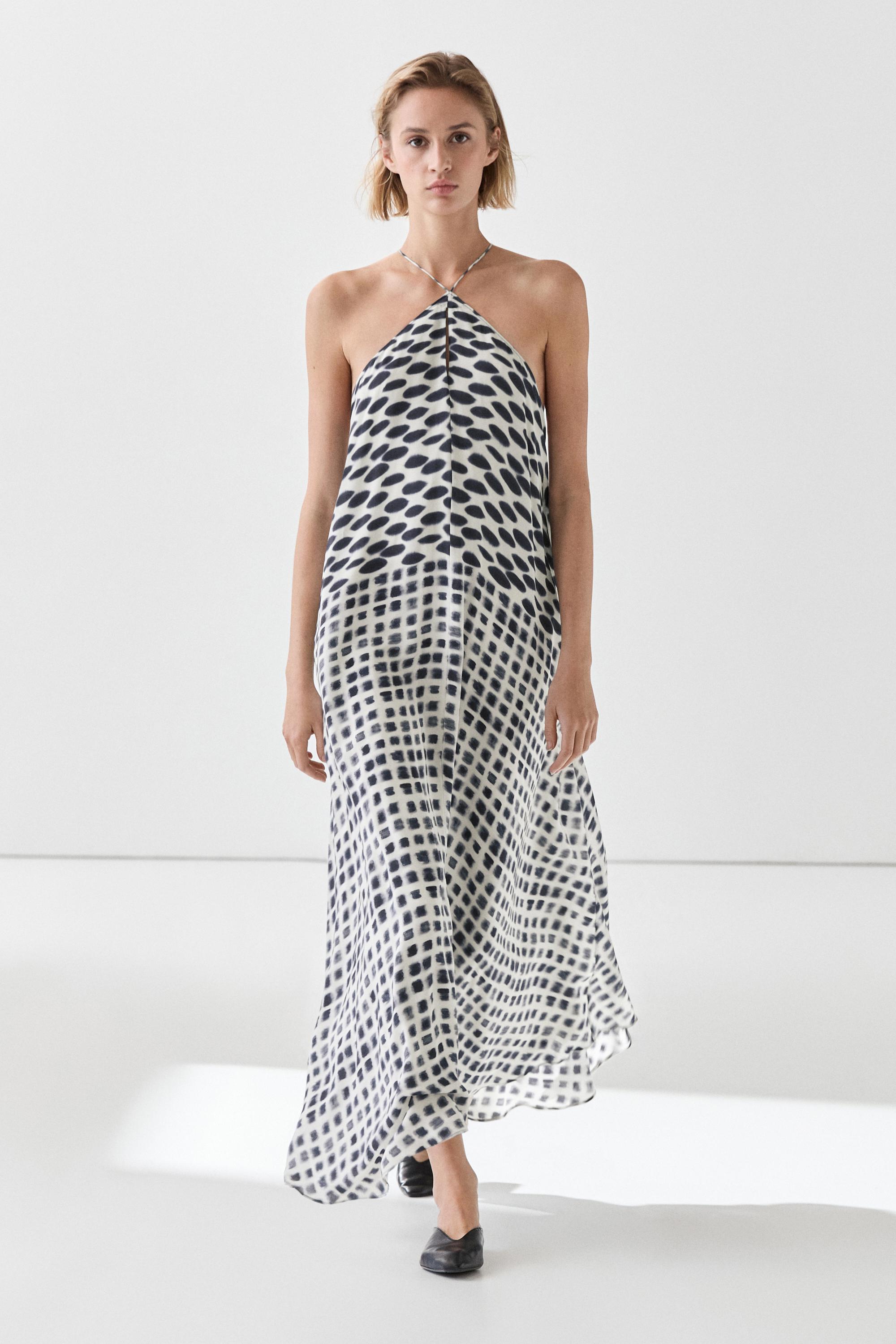 Printed flared midi dress — White