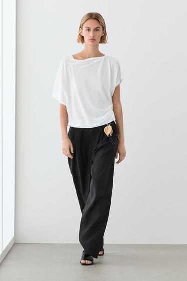 Zara Wide-leg pleated linen trousers - Black