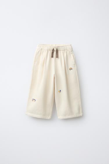 COZY EMBROIDERED BAGGY PANTS — Ecru 1