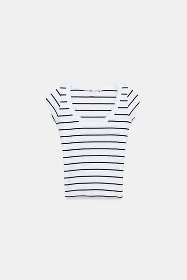 CAMISETA ESCOTE REDONDO - rayas de Zara - Imagen 0