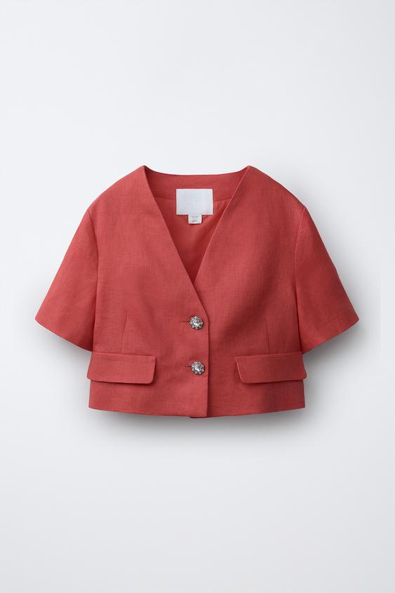 BLAZER BOTÓN JOYA 100% LINO - Coral rojo de Zara - Imagen 0