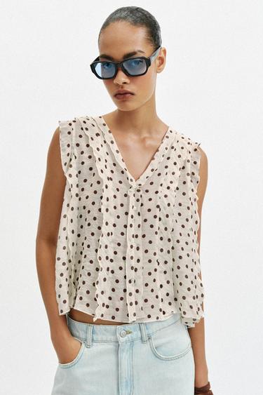 بلوزة منقطة برسمة - خام / بني by Zara