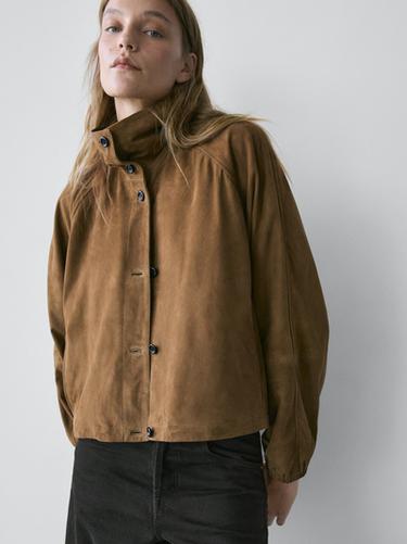 Veste bomber courte en cuir effet daim - Marron clair de Zara