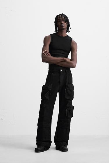 PANTALÓN DENIM CARGO BOLSILLOS - Negro de Zara - Imagen 0