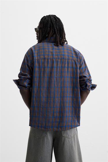 CHECK COTTON/LINEN SHIRT - Brown-Blue de Zara - Image 3