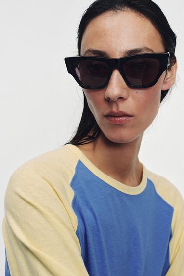 Zara LONG SLEEVE RAGLAN T-SHIRT - Ecru / Blue