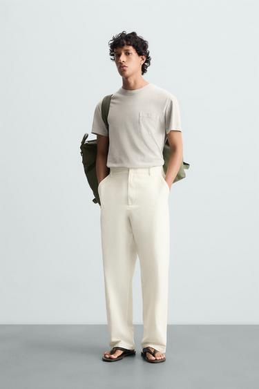 COTTON STRAIGHT-LEG TROUSERS - Oyster-white by Zara - Image 0