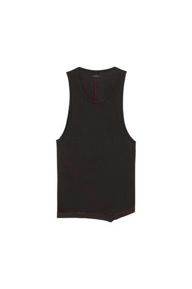 Front view of a black sleeveless t-shirt with red decorative stitching.