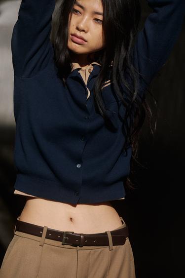 배색 이중 레이어 폴로 니트 재킷 - Zara 네이비