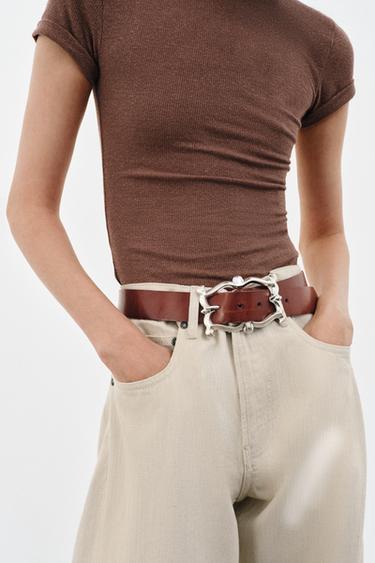 Zara 100% LEATHER BELT WITH ORGANIC BUCKLE - Brown