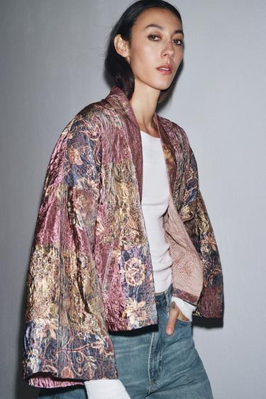 FLORAL PRINT VELVET KIMONO - Aubergine by Zara