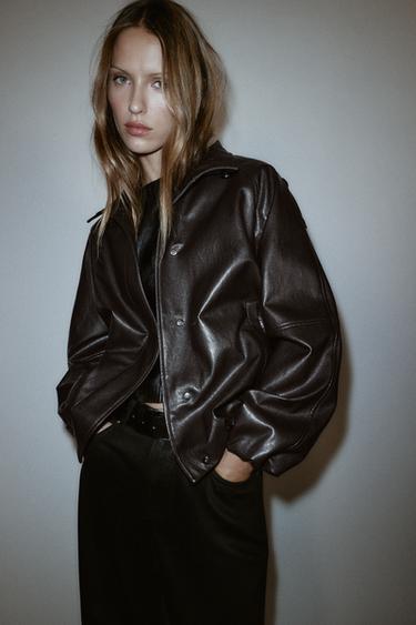 FAUX LEATHER HIGH-NECK JACKET - Dark brown by Zara