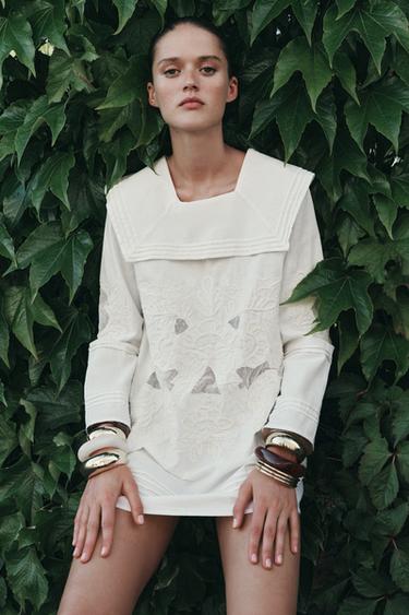 Zara ZW COLLECTION EMBROIDERED SHORT DRESS - White