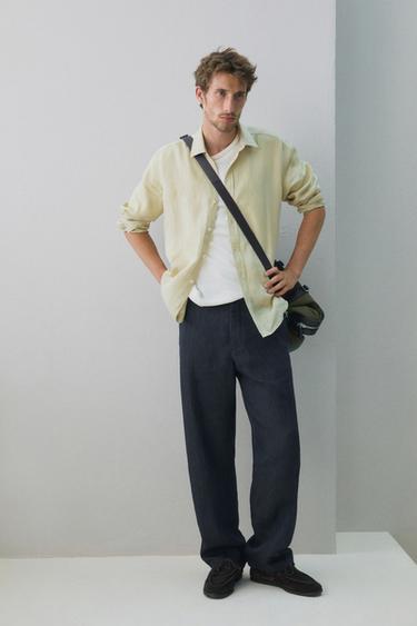 Zara Slim fit 100% linen shirt - Light green - Image 0