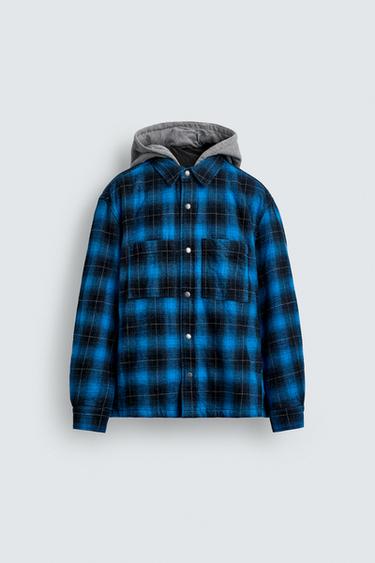 CONTRAST HOODIE CHECK OVERSHIRT - Blue by Zara