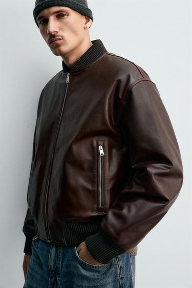 WAXED LEATHER BOMBER JACKET - Dark brown by Zara - Image 4