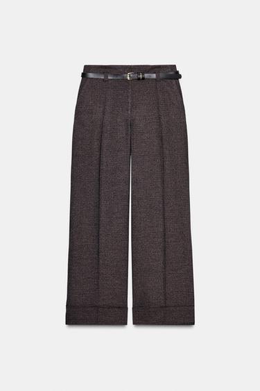 Zara HOUNDSTOOTH BELTED PANTS - Mid-gray