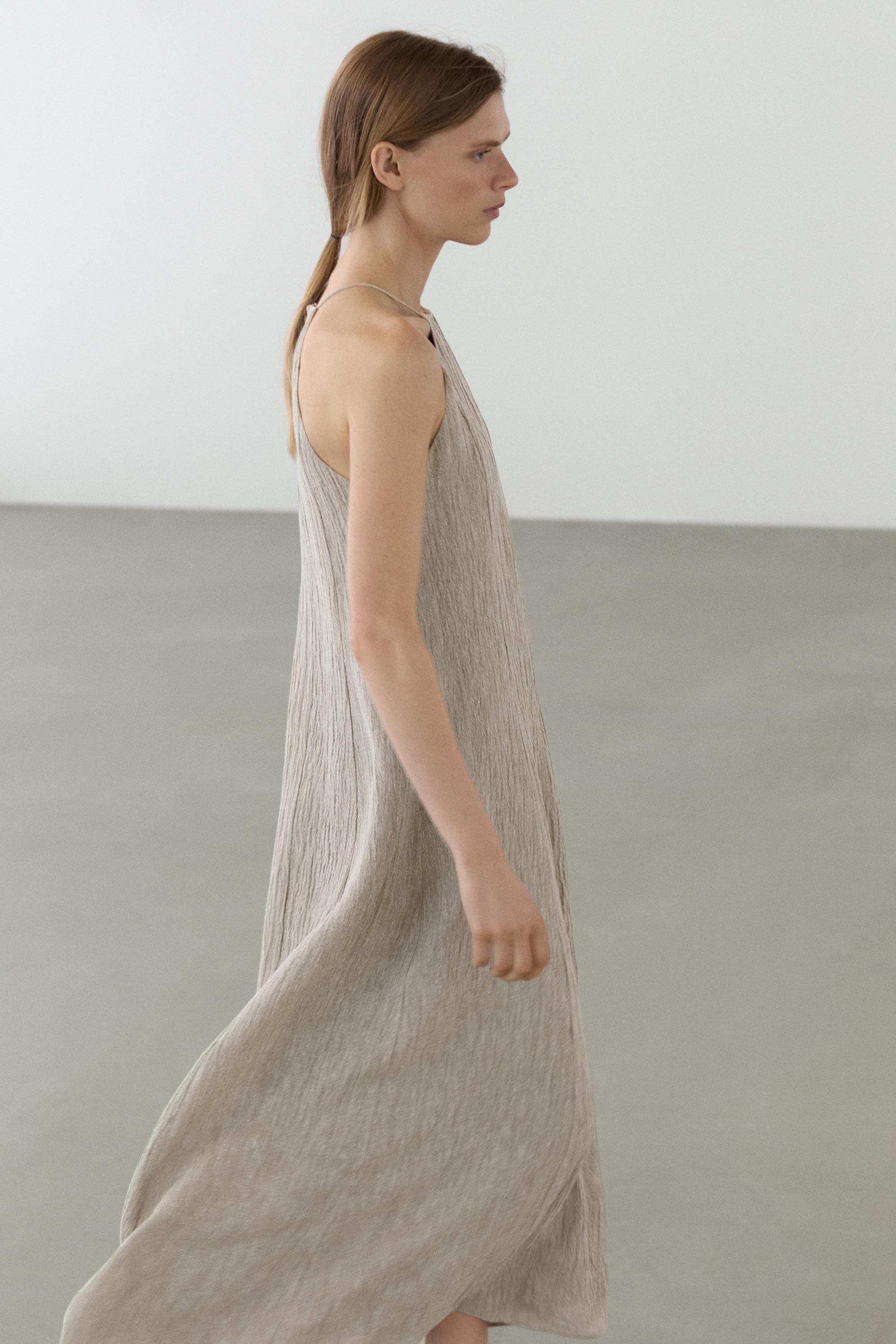 Flowing linen blend dress with gathered neckline