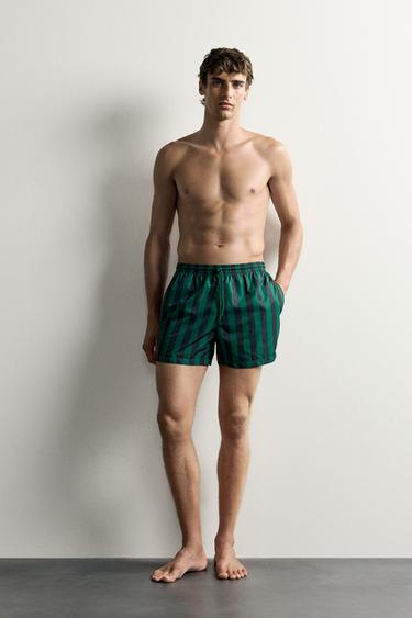 STRIPED MID-LENGTH SWIMMING TRUNKS - Green by Zara - Image 0