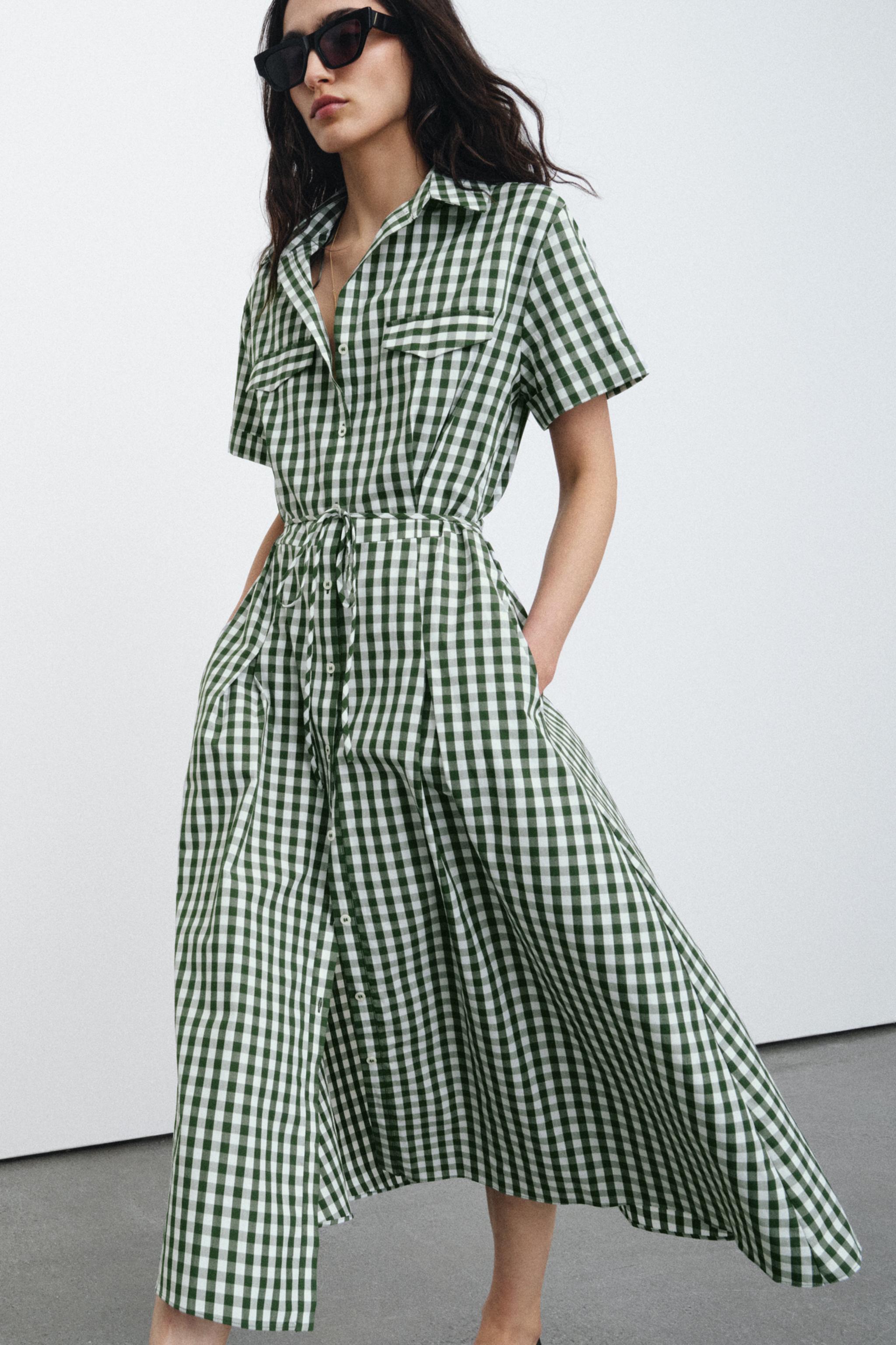 GINGHAM SHIRT DRESS ZW COLLECTION - Green | ZARA India