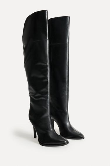 Zara XL SHAFT LEATHER BOOTS 50TH ANNIVERSARY - Black