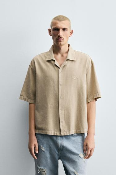 Zara SHORT SLEEVE DENIM SHIRT - Beige