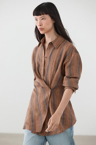 Zara 100% linen striped crossover shirt - Brown