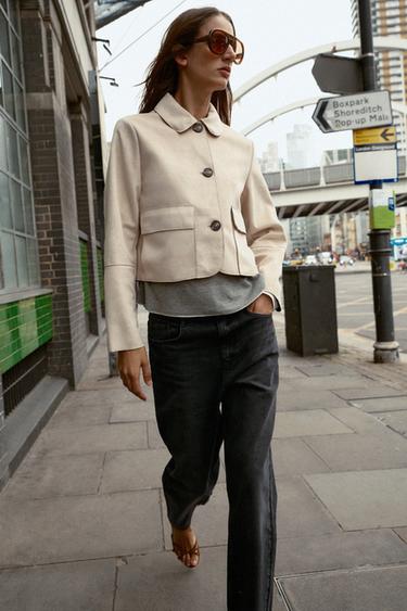 Zara CROPPED FAUX SUEDE JACKET - Ecru