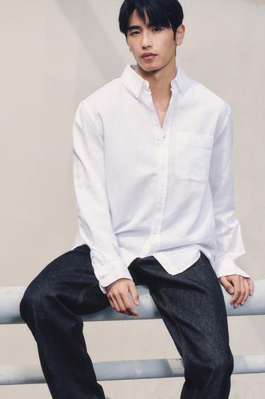 Zara 標準版亞麻/棉質襯衫 - 白色