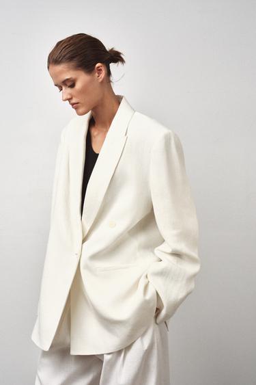ZW COLLECTION DOUBLE-BREASTED LINEN BLEND BLAZER - Ecru by Zara - Image 4
