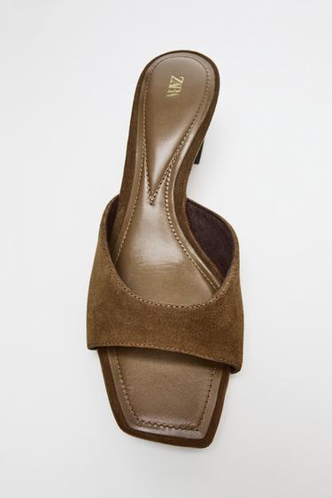 Zara WIDE HEEL SPLIT LEATHER MULE SANDALS - Brown