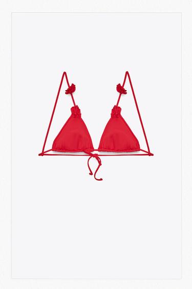RAISED FLORAL TRIANGLE BIKINI TOP - Red by Zara