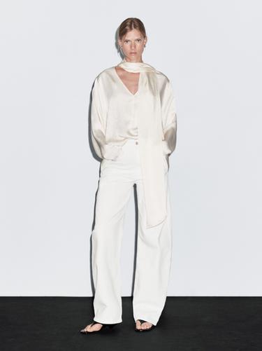 Jeans barrel fit tiro alto - Blanco roto de Zara