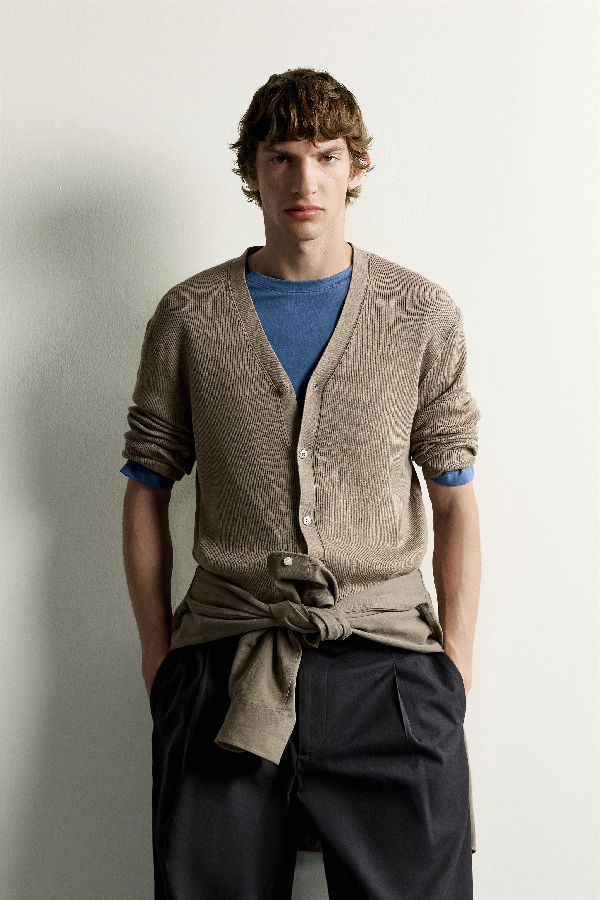 RELAXED-FIT RIBBED CARDIGAN — Brown / Taupe (alternate view)