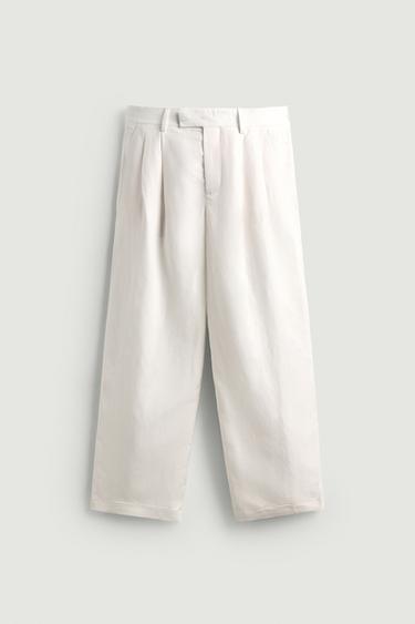 بنطلون بدلة بقصة RELAXED FIT من الفيسكوز والكتان - أبيض الخاص بـ Zara