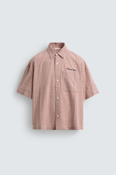 BOXY FIT EMBROIDERED CHECK SHIRT - White / Red by Zara
