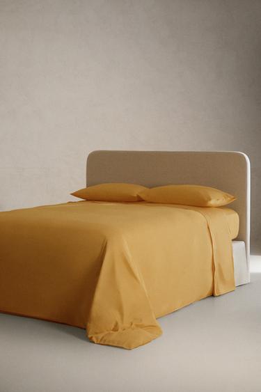 SATEEN FLAT SHEET WITH TRIM (300 THREAD COUNT) - Mustard by Zara - Image 1