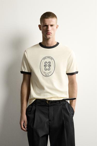 RINGER VARSITY OPEN WEAVE T-SHIRT - Ecru by Zara