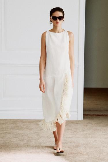 ZW COLLECTION LINEN FRINGED DRESS - Light beige by Zara - Image 0