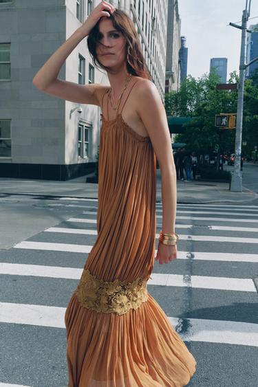 ZW COLLECTION CRINKLED EMBROIDERED DRESS - Brown by Zara