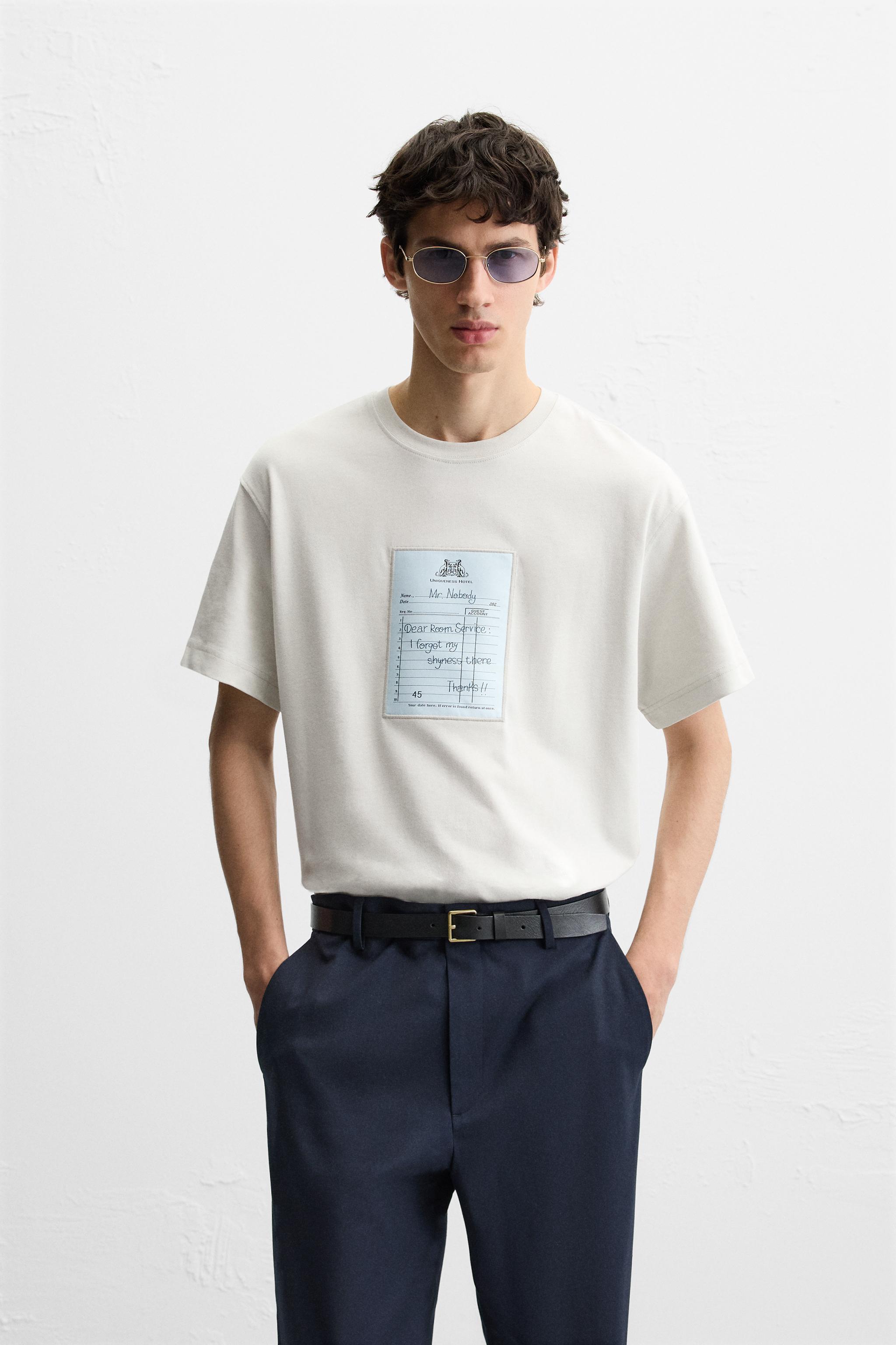 T-SHIRT WITH CONTRAST PATCH - Pearl grey | ZARA New Zealand