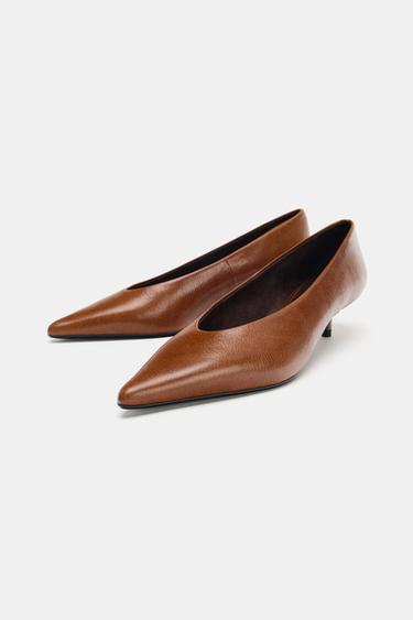 LEATHER KITTEN HEEL SHOES - Brown by Zara