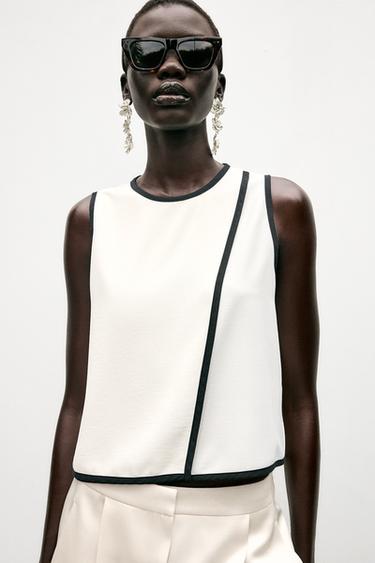 CONTRAST PIPED CREPE TOP - Ecru / Black by Zara - Image 1